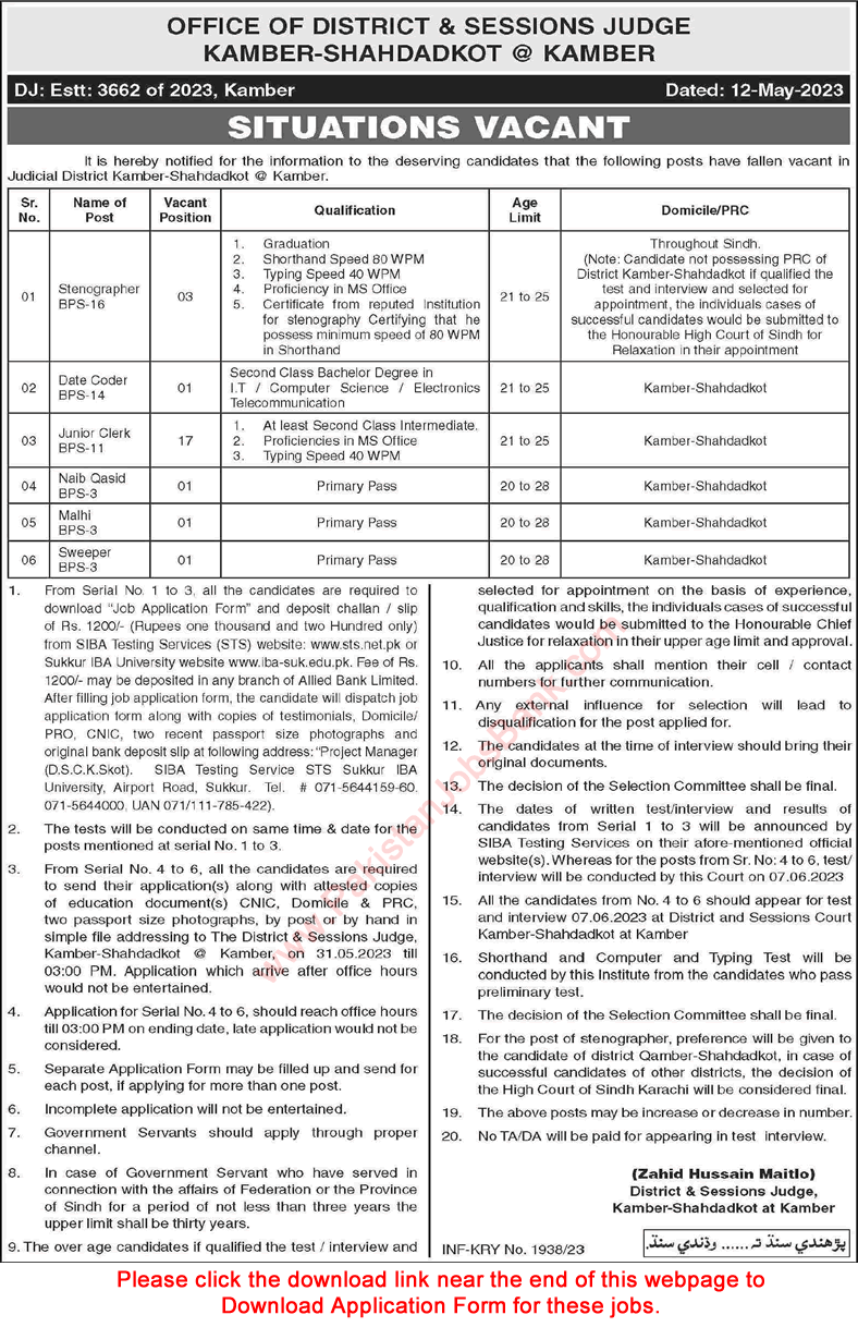 District and Session Court Kamber Shahdadkot Jobs 2023 May Application Form Latest