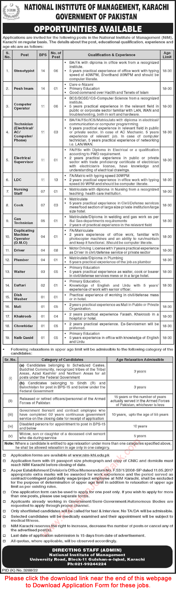 National Institute of Management Karachi Jobs 2023 May Application Form Clerks & Others Latest