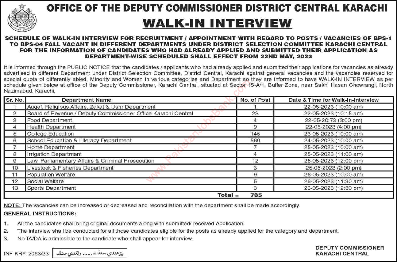 Deputy Commissioner Office Central Karachi Jobs 2023 May Walk in Interview Class-IV Latest
