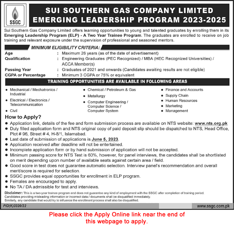 SSGC Emerging Leadership Trainee Program 2023 May NTS Apply Online Sui Southern Gas Company Latest