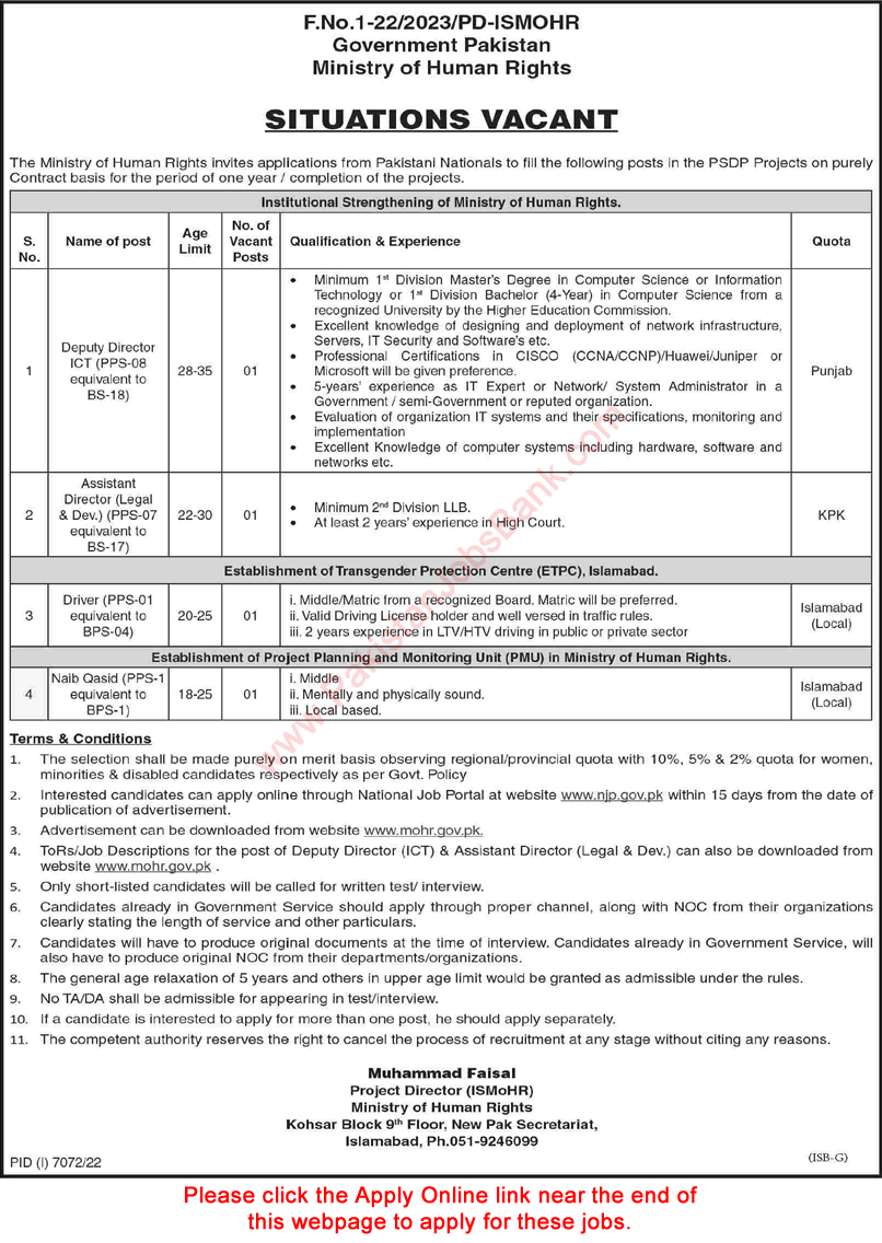 Ministry of Human Rights Islamabad Jobs May 2023 Apply Online Naib Qasid, Driver & Others Latest