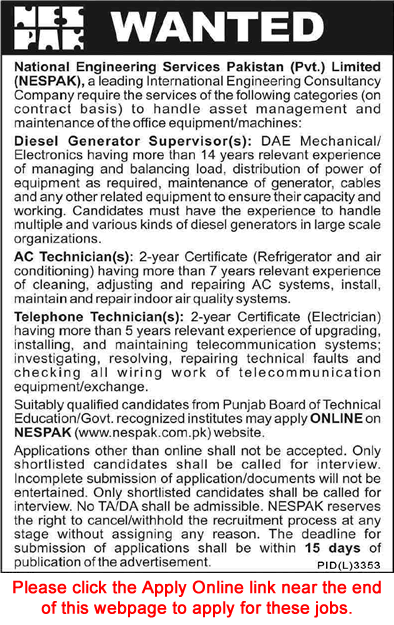 NESPAK Jobs 2023 May Apply Online Telephone / AC Technician & Diesel General Supervisor Latest