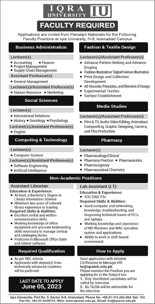 Iqra University Islamabad Jobs May 2023 Teaching Faculty & Others Latest