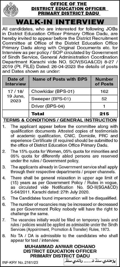 Education Department Dadu Jobs 2023 May Walk In Interview Chowkidar, Sweepers & Driver Latest