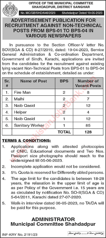 Municipal Committee Shahadpur Jobs 2023 May / June Sanitary Workers, Naib Qasid & Others Latest