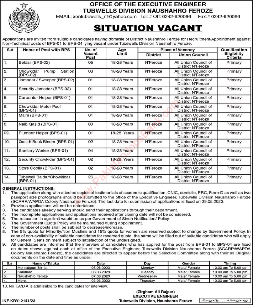 Irrigation Department Naushahro Feroze Jobs 2023 May / June Baildar / Chowkidar & Others Tubewell Division Latest