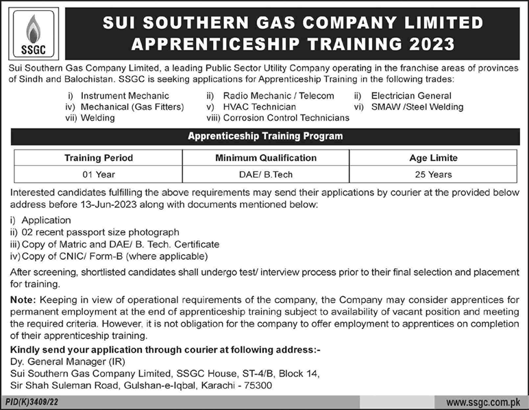 SSGC Apprenticeships 2023 May / June Trainee Jobs Sui Southern Gas Company Limited Latest