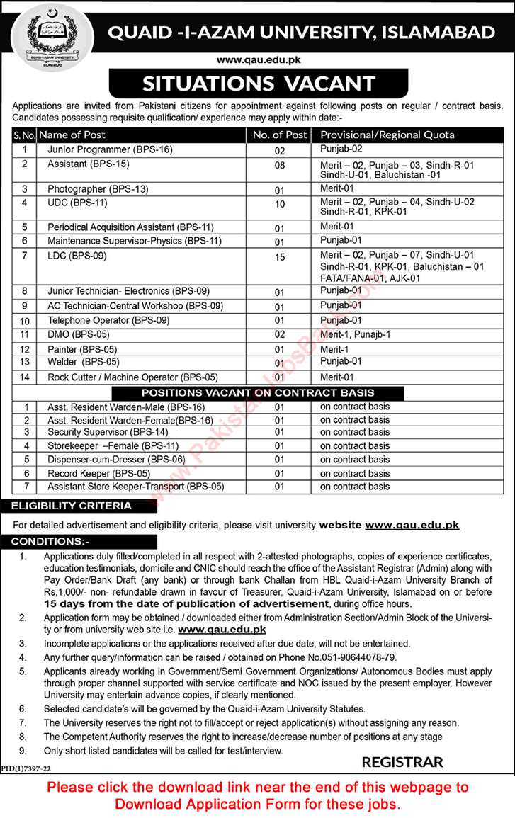 Quaid e Azam University Islamabad Jobs May 2023 June Application Form Clerks, Assistants & Others Latest