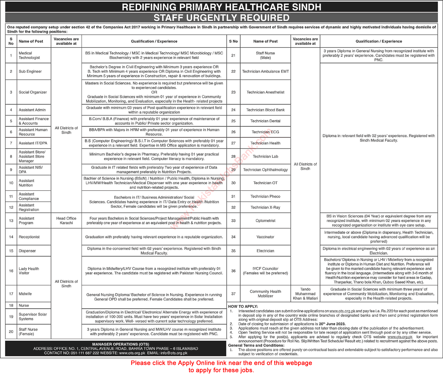 Health Department Sindh Jobs June 2023 OTS Apply Online Admin Assistant, Technicians & Others Latest