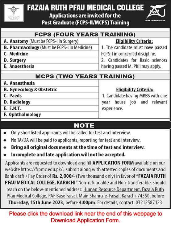 Fazaia Ruth PFAU Medical College Karachi Postgraduate Training 2023 June Application Form Latest