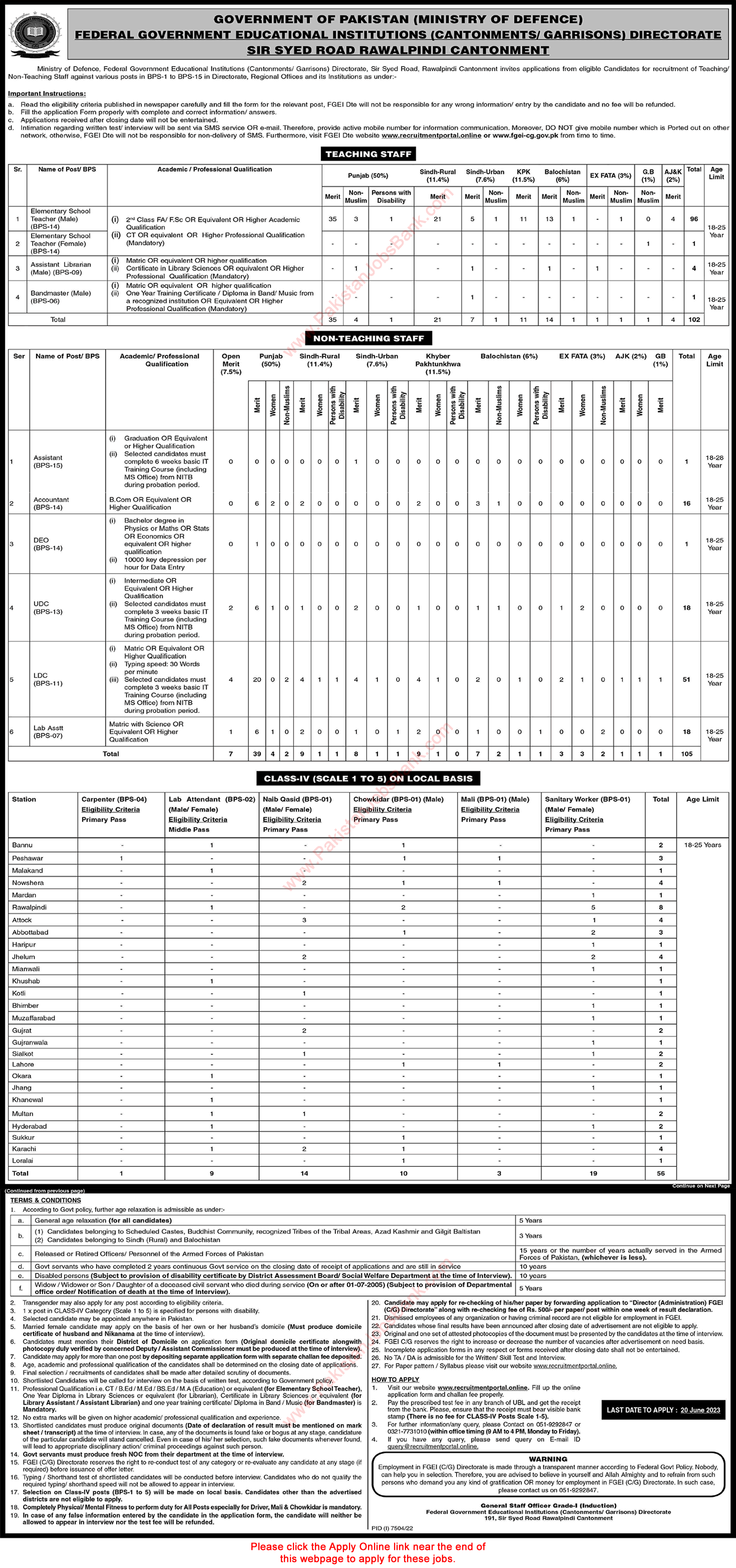 Federal Government Educational Institutions Cantt Garrison Jobs 2023 June Apply Online Elementary School Teachers & Others Latest
