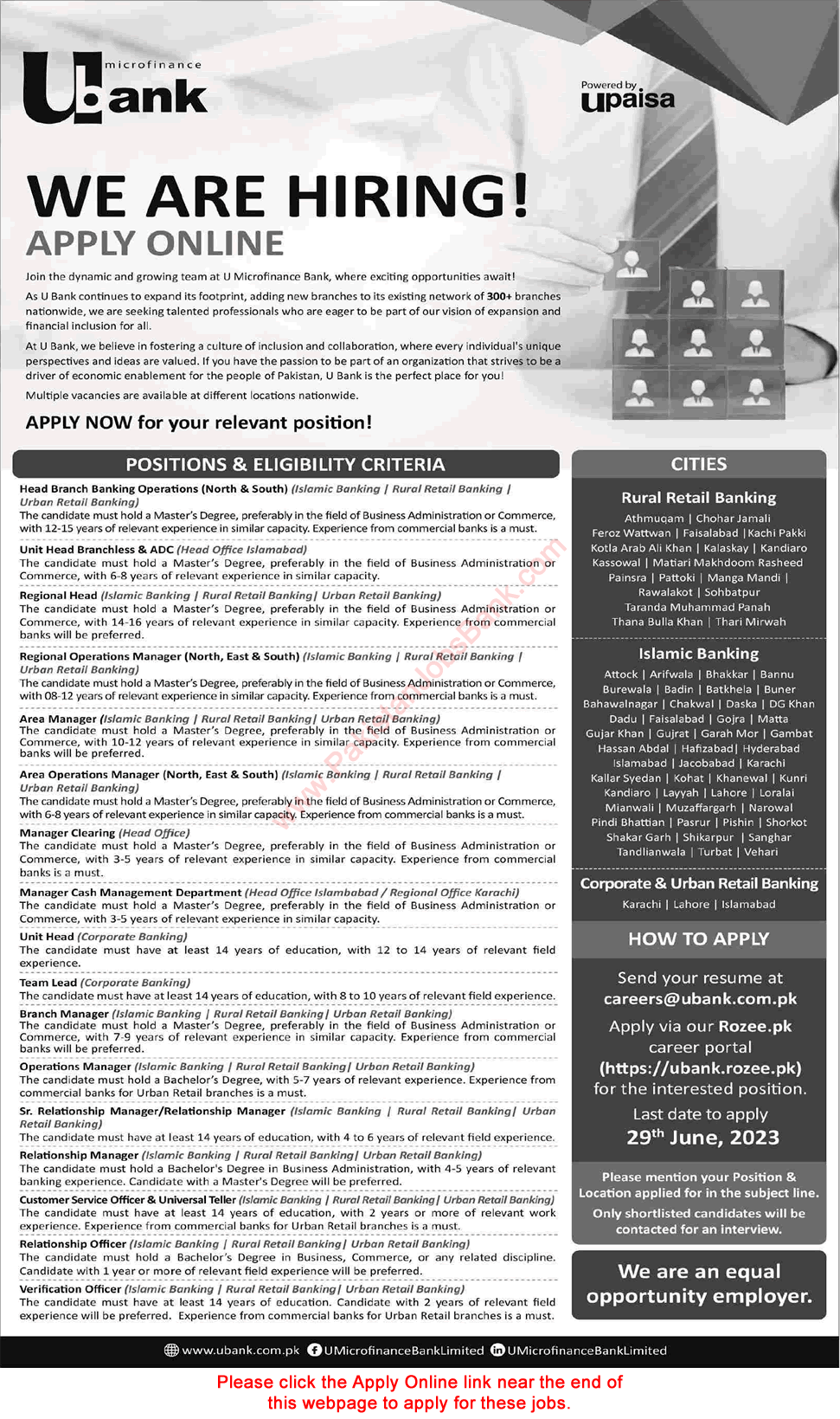 U Microfinance Bank Limited Jobs 2023 June Apply Online Operations Managers & Others Upaisa Latest