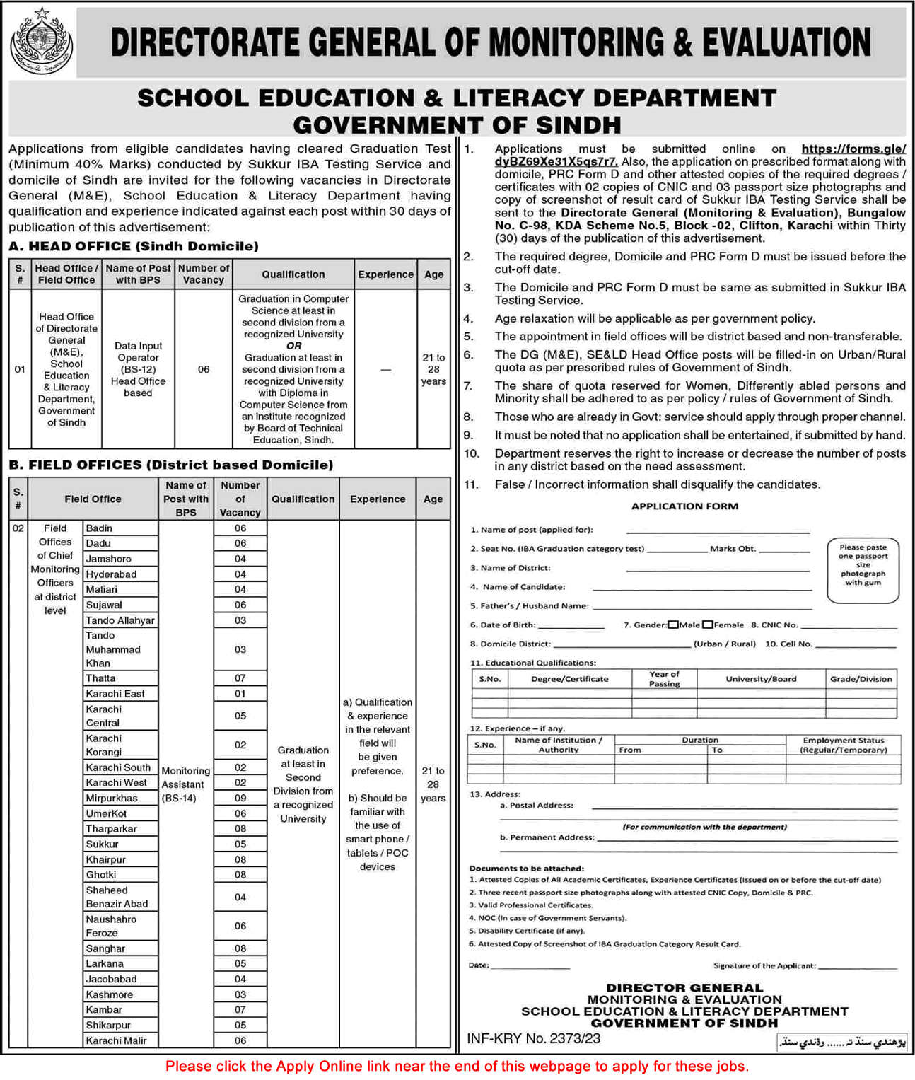 School Education and Literacy Department Sindh Jobs June 2023 Apply Online Monitoring Assistants & Others Latest