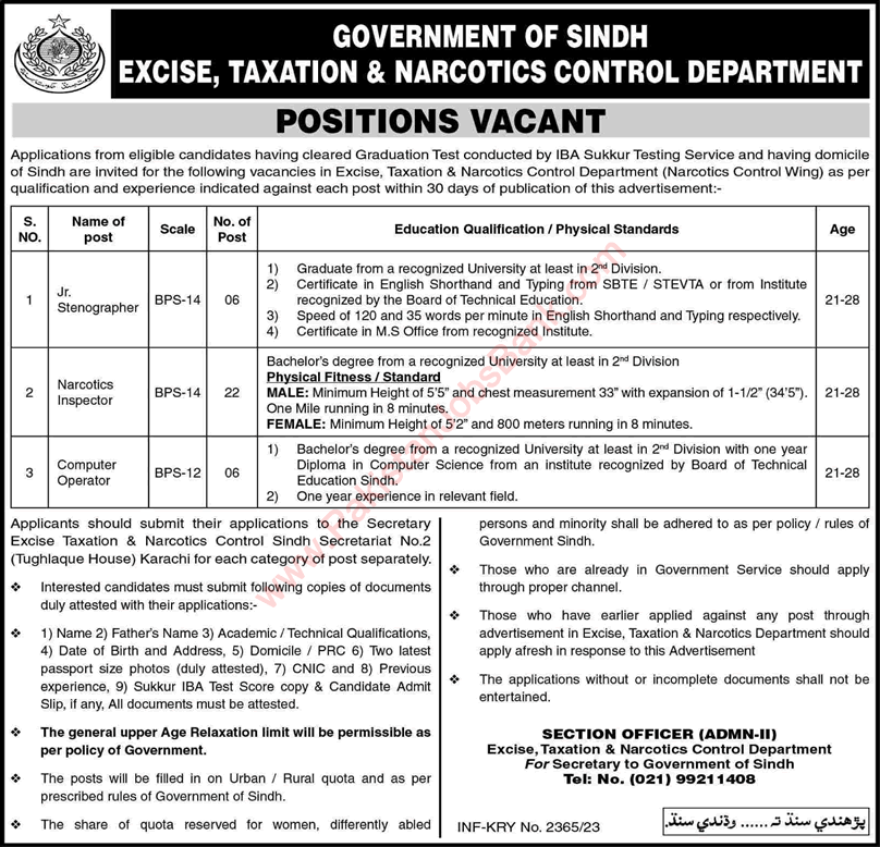 Excise Taxation and Narcotics Control Department Sindh Jobs June 2023 Narcotics Inspectors & Others Latest