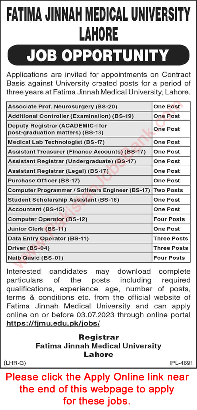 Fatima Jinnah Medical University Lahore Jobs 2023 June FJMU Apply Online Computer Operators & Others Latest