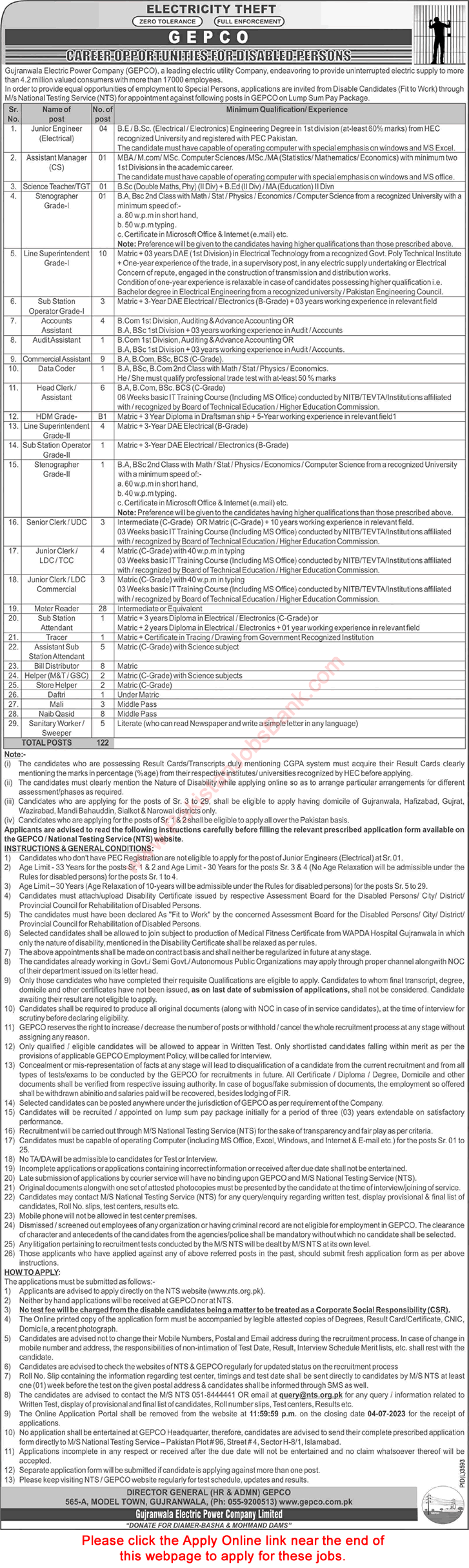 GEPCO Jobs 2023 June NTS Apply Online WAPDA Meter Readers, Bill Distributors & Others Disabled Quota Latest