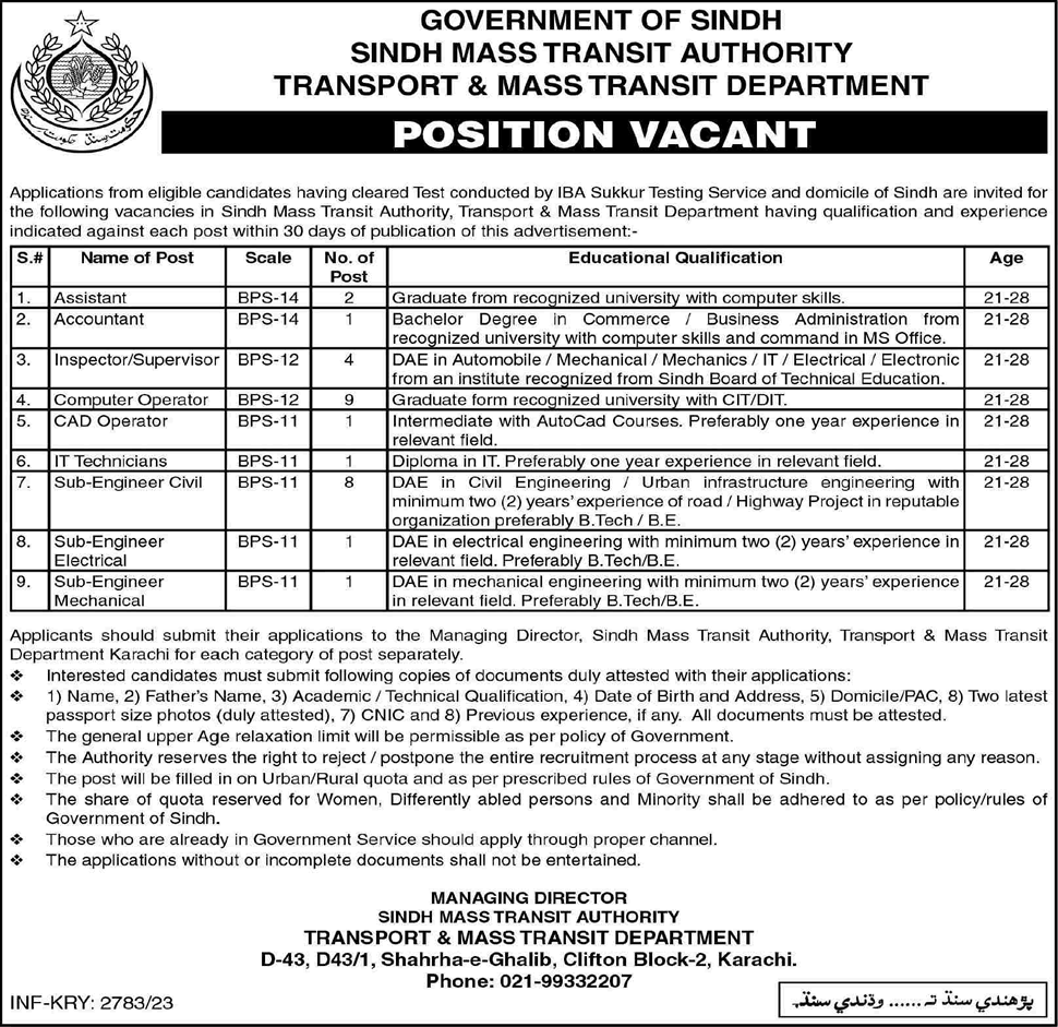 Transport and Mass Transit Department Sindh Jobs July 2023 Computer Operators, Inspectors & Others Latest