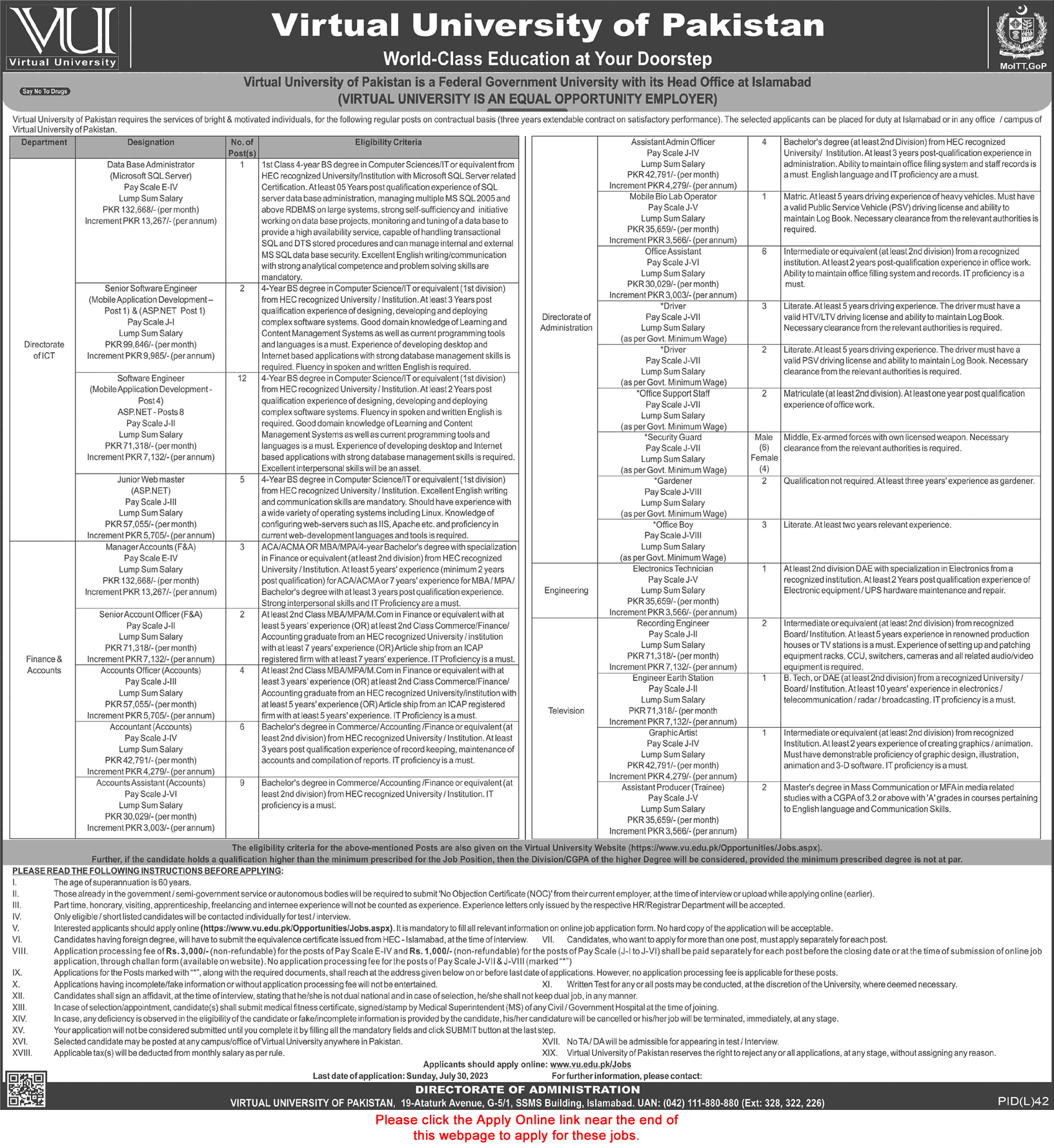 Virtual University Jobs 2023 July Apply Online Software Engineers, Office Assistants & Others Latest