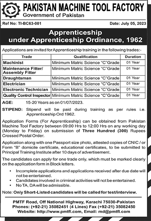 Pakistan Machine Tool Factory Karachi Apprenticeship 2023 July PMTF Latest