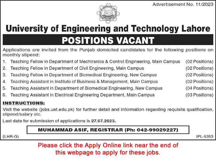 UET Lahore Jobs July 2023 Online Application Form Teaching Fellows & Assistants Latest
