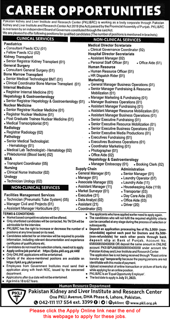 PKLI Lahore Jobs 2023 July PKLI&RC Online Apply Pakistan Kidney and Liver Institute and Research Center Latest