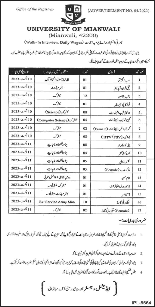 University of Mianwali Jobs July 2023 Naib Qasid & Others Walk In Interview Latest