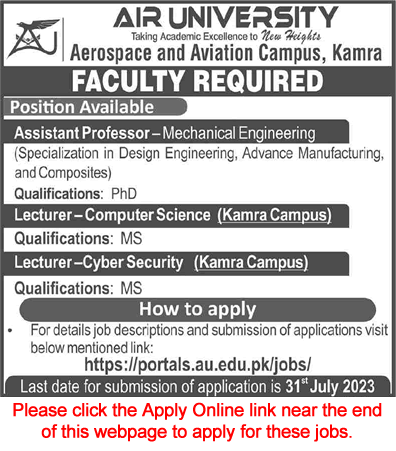 Air University Kamra Campus Jobs 2023 July Apply Online Teaching Faculty Latest