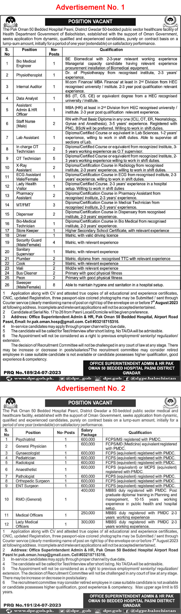 Health Department Balochistan Jobs 2023 July Pak Oman 50 Bedded Hospital Pasni Gwadar Latest