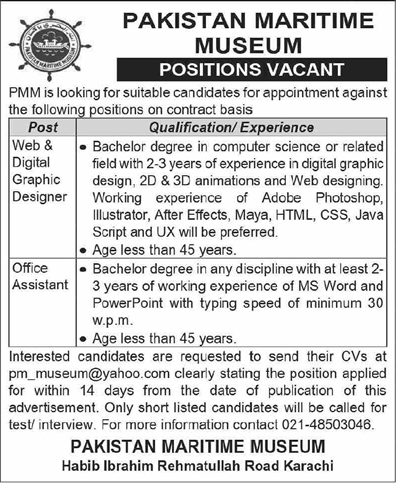 Pakistan Maritime Museum Karachi Jobs 2023 August Graphic Designer & Office Assistant Latest