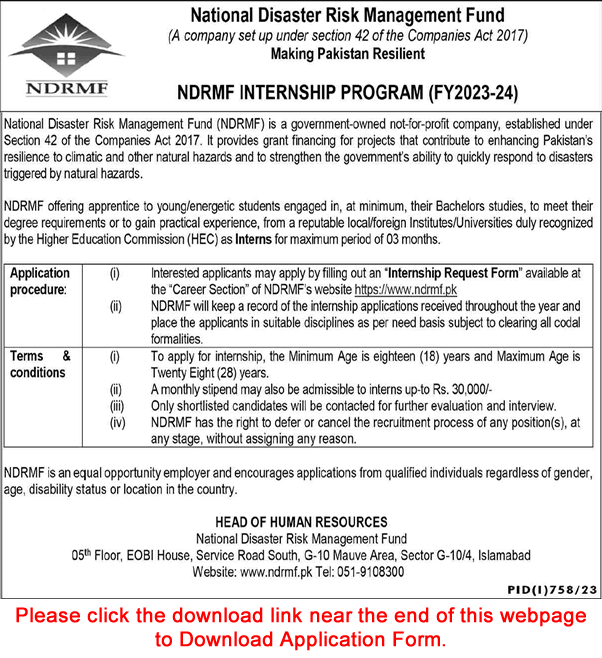 NDRMF Internship Program 2023 August Application Form National Disaster Risk Management Fund Latest