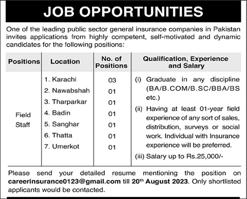 Field Staff Jobs in Public Sector General Insurance Company 2023 August Latest