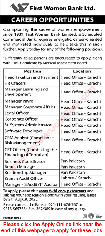 FWBL Jobs August 2023 Apply Online First Women Bank Limited Latest