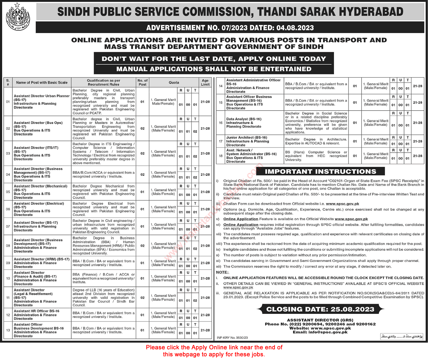 Transport and Mass Transit Department Sindh Jobs August 2023 SPSC Apply Online Latest