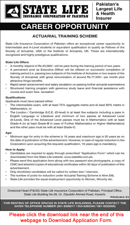 State Life Insurance Actuarial Training Scheme August 2023 Application Form for Intermediate & A-Level Students Latest