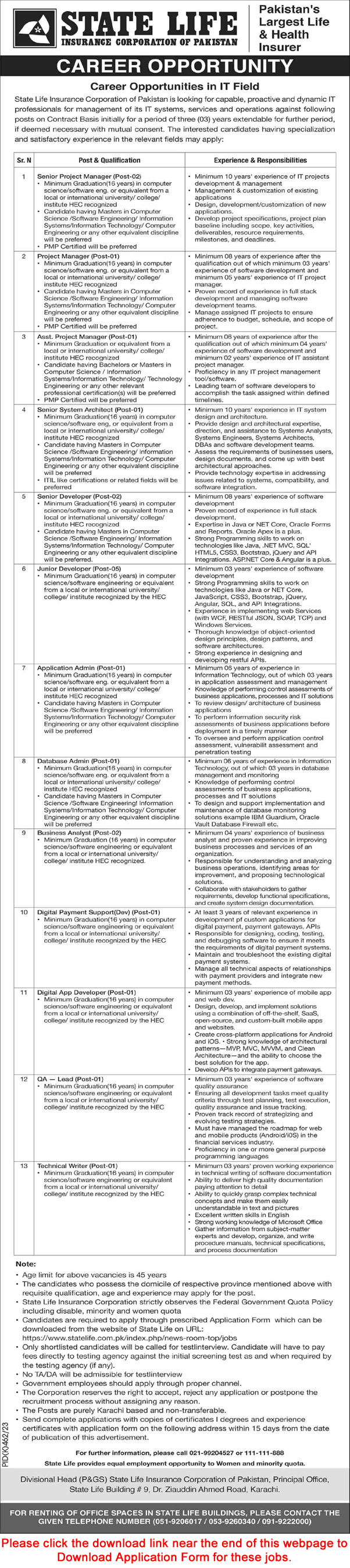 State Life Insurance Corporation of Pakistan Jobs August 2023 Application Form Software Developers & Others Latest