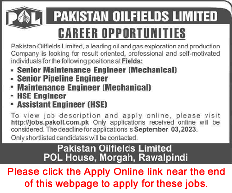 Pakistan Oilfields Limited Jobs August 2023 Apply Online Mechanical Engineers & Others POL Latest