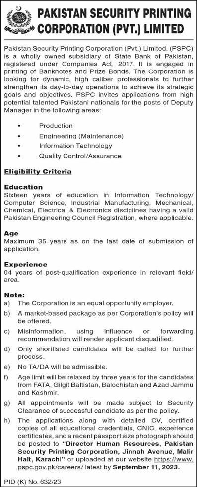 Deputy Manager Jobs in Pakistan Security Printing Corporation Karachi 2023 August PSPC Latest