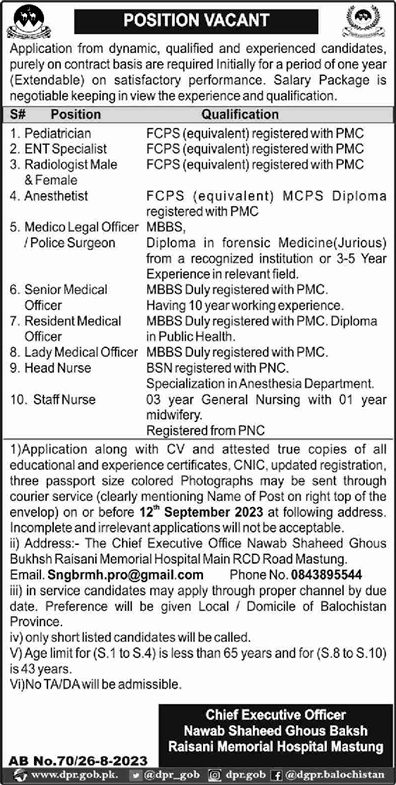 Nawab Shaheed Ghous Bakhsh Raisani Memorial Hospital Mastung Jobs August 2023 Nurses & Others Latest