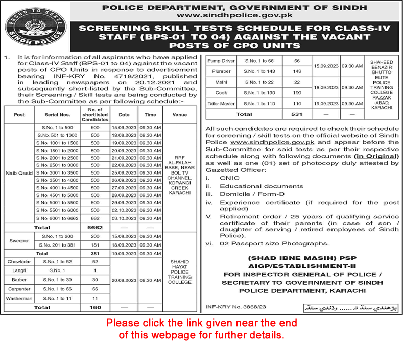 Sindh Police Jobs September 2023 Skill Test Schedule for Class IV Staff Latest