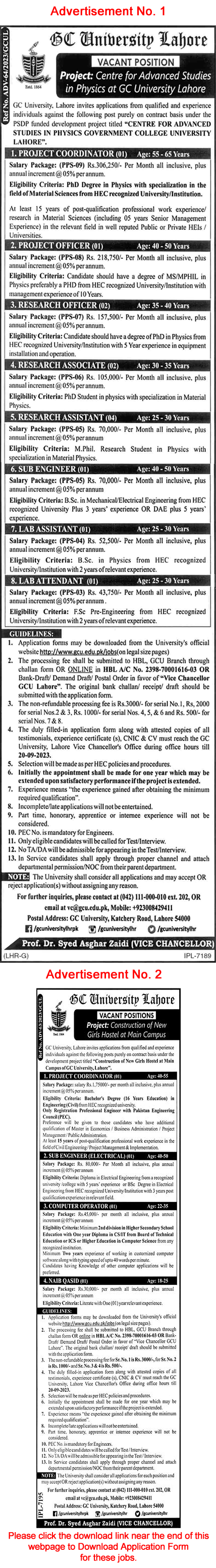GC University Lahore Jobs September 2023 GCU Application Form Download Latest