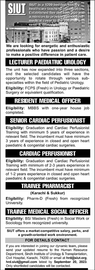 SIUT Hospital Karachi / Sukkur Jobs September 2023 Trainee Pharmacist, Medical Social Officer & Others Latest