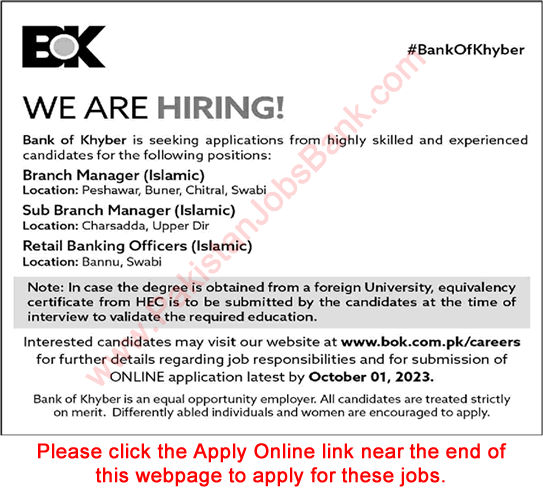 Bank of Khyber Jobs September 2023 Apply Online Retail Banking Officers & Branch Managers Latest