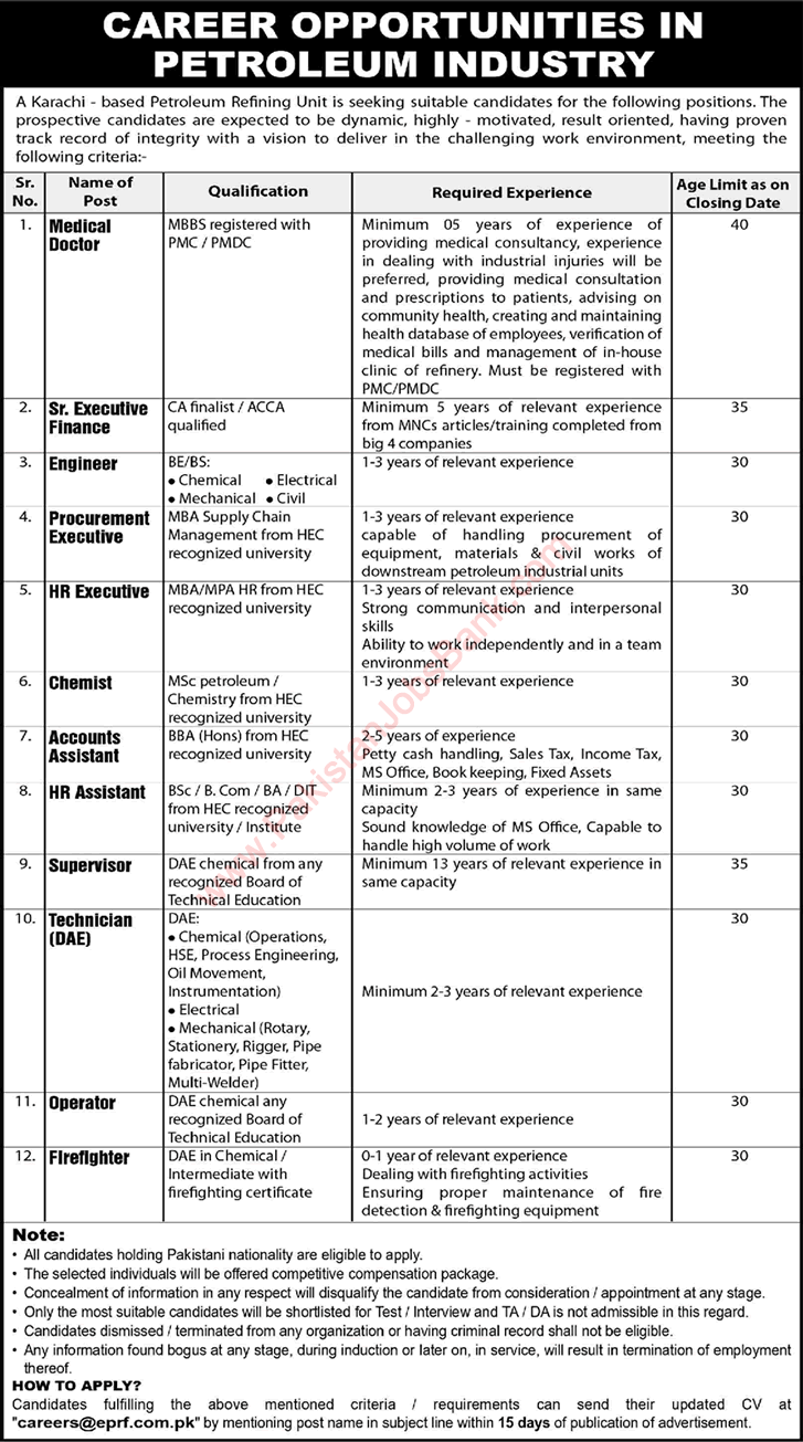 ENAR Petroleum Refining Facility Karachi Jobs 2023 September Technicians, Supervisor & Others Latest