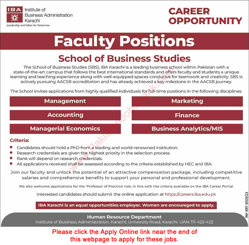 IBA Karachi Jobs September 2023 Apply Online Teaching Faculty School of Business Studies Latest