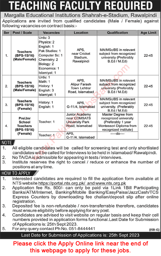 Margalla Education Institutions Rawalpindi Jobs 2023 September NTS Apply Online Teachers Latest