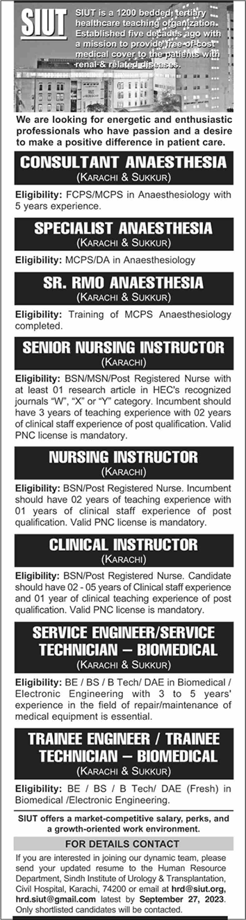 SIUT Hospital Karachi / Sukkur Jobs September 2023 Sindh Institute of Urology & Transplantation Latest