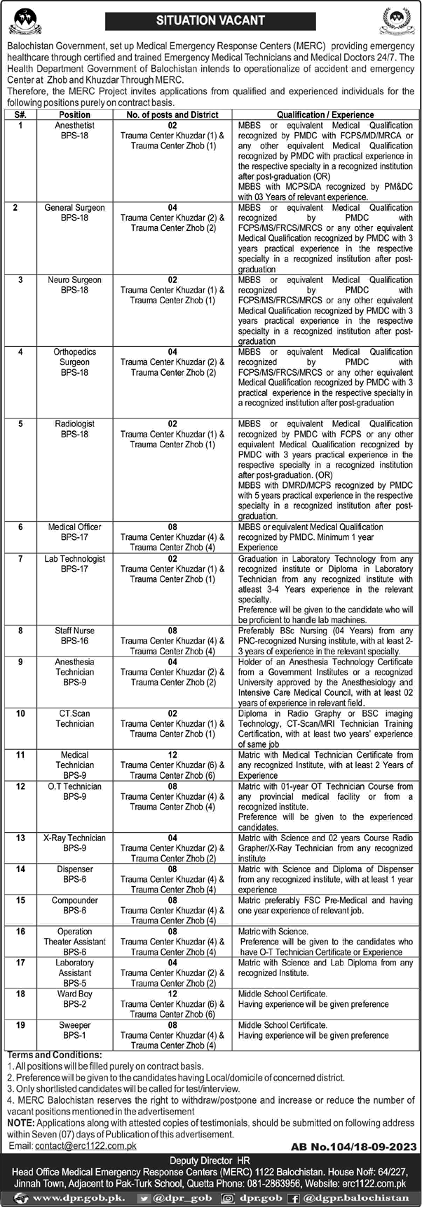 MERC Balochistan Jobs September 2023 Medical Emergency Response Centers Latest