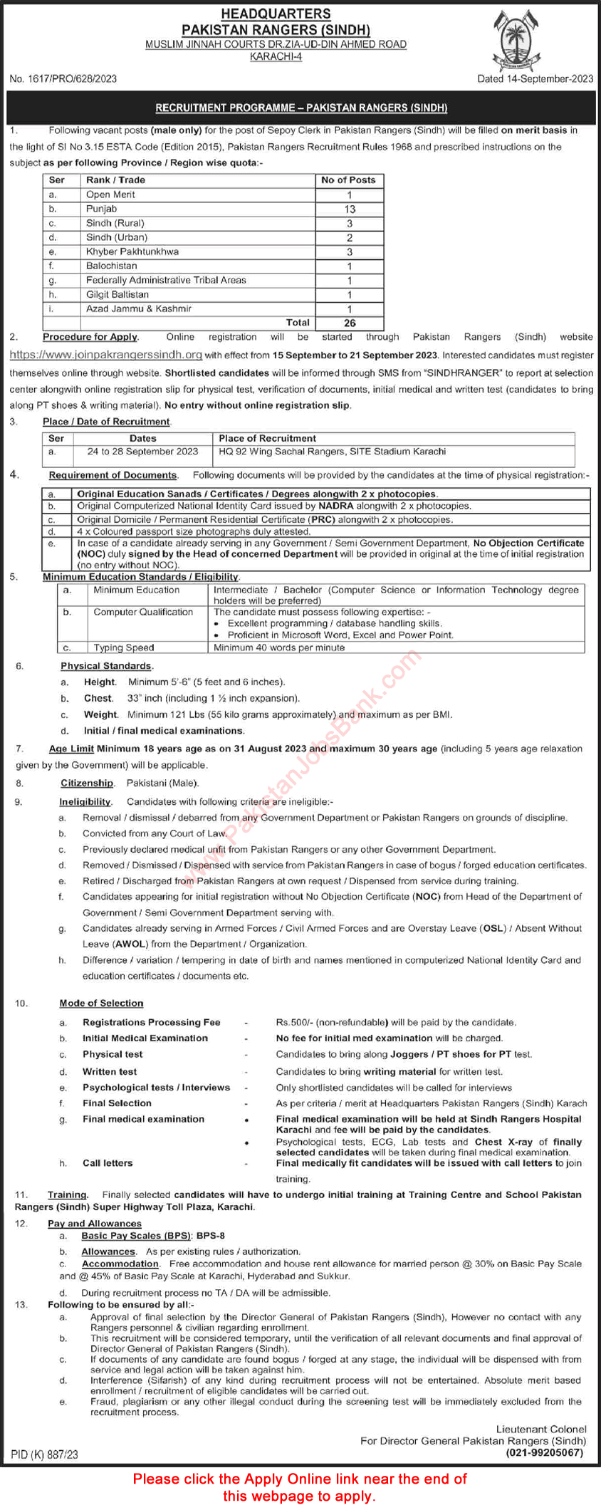 Sepoy Clerk Jobs in Pakistan Rangers Sindh September 2023 Apply Online Latest