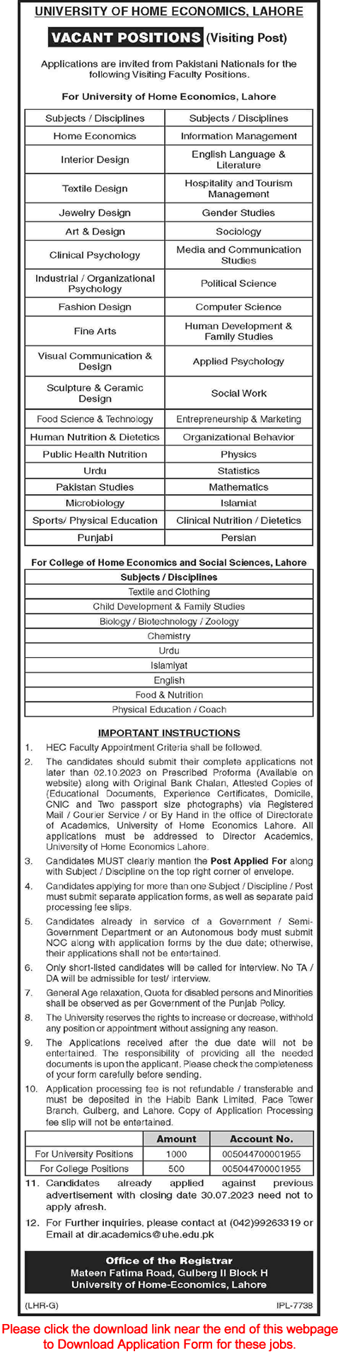 Visiting Faculty Jobs in University of Home Economics Lahore 2023 September Application Form Latest