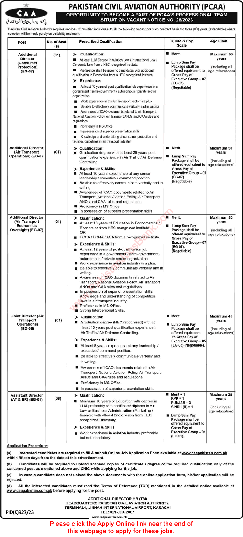 Pakistan Civil Aviation Authority Jobs September 2023 PCAA Apply Online Additional / Assistant Director & Others Latest